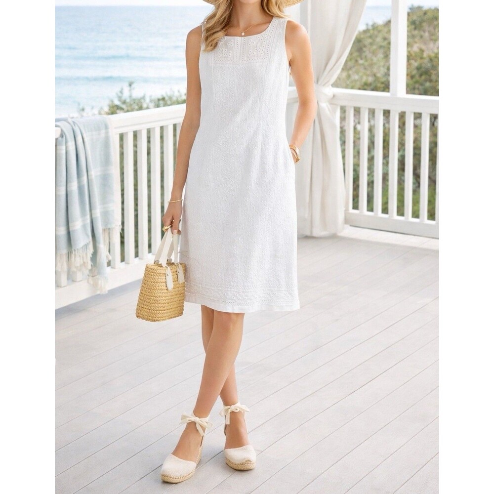 NEW $129 Talbots Petite Sleeveless Eyelet Embroidered Dress Size 2P White Cotton